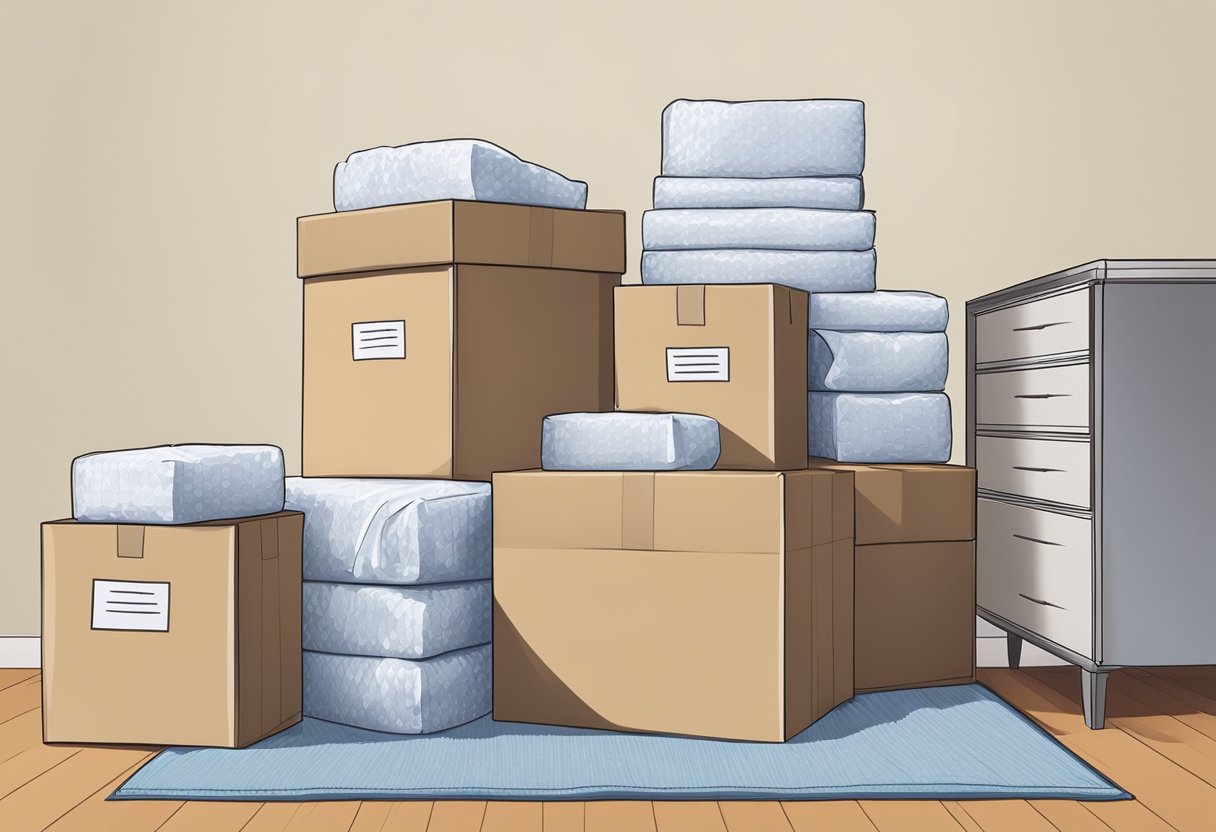 A stack of labeled moving boxes, neatly packed with bubble wrap and packing paper, surrounded by furniture with protective covers and moving blankets