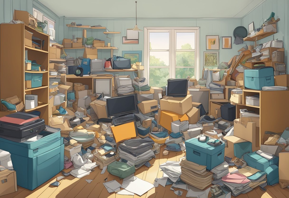 A cluttered room with boxes and furniture piled haphazardly. Items like old clothes and broken appliances are scattered around, creating a chaotic and disorganized environment