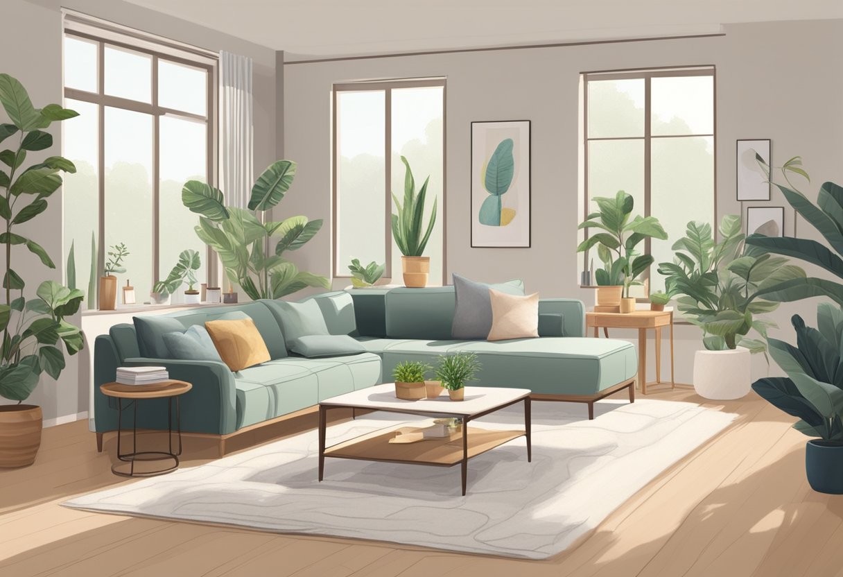 A cozy living room with minimalist furniture, large windows, and potted plants. A spacious kitchen with modern appliances and ample storage. A serene bedroom with a comfortable bed and soft lighting