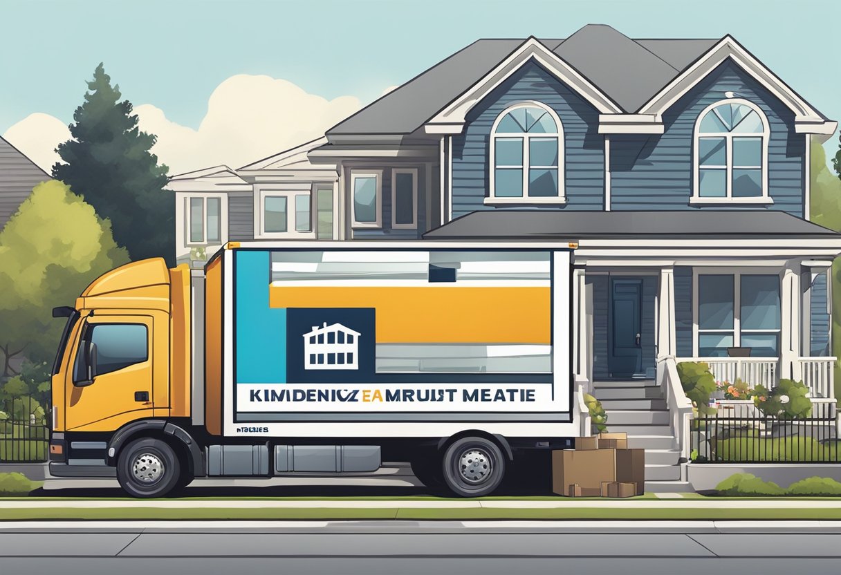 A moving truck parked in front of a suburban house, with boxes being loaded onto it. A real estate sign in the front yard advertises apartments