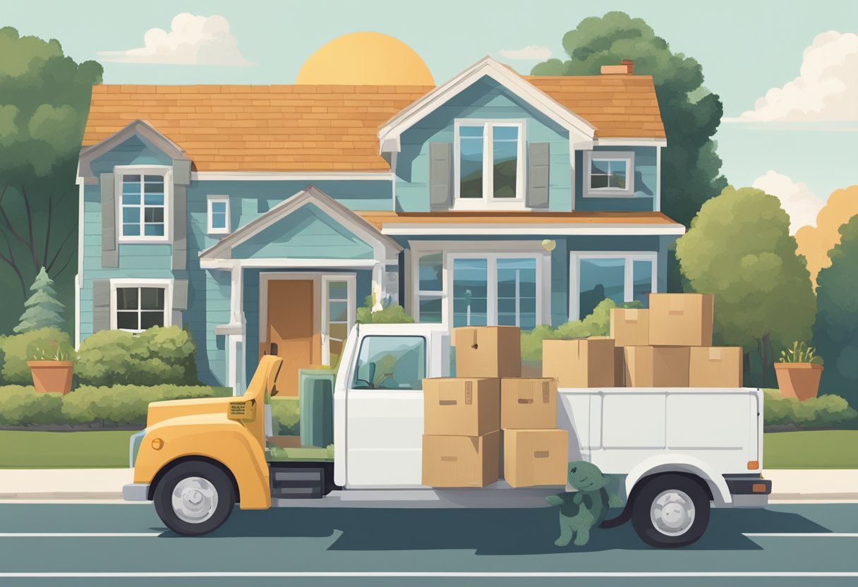 A stack of labeled moving boxes, a moving truck parked outside a house, a checklist with items crossed off, and a smiling family pet in a carrier