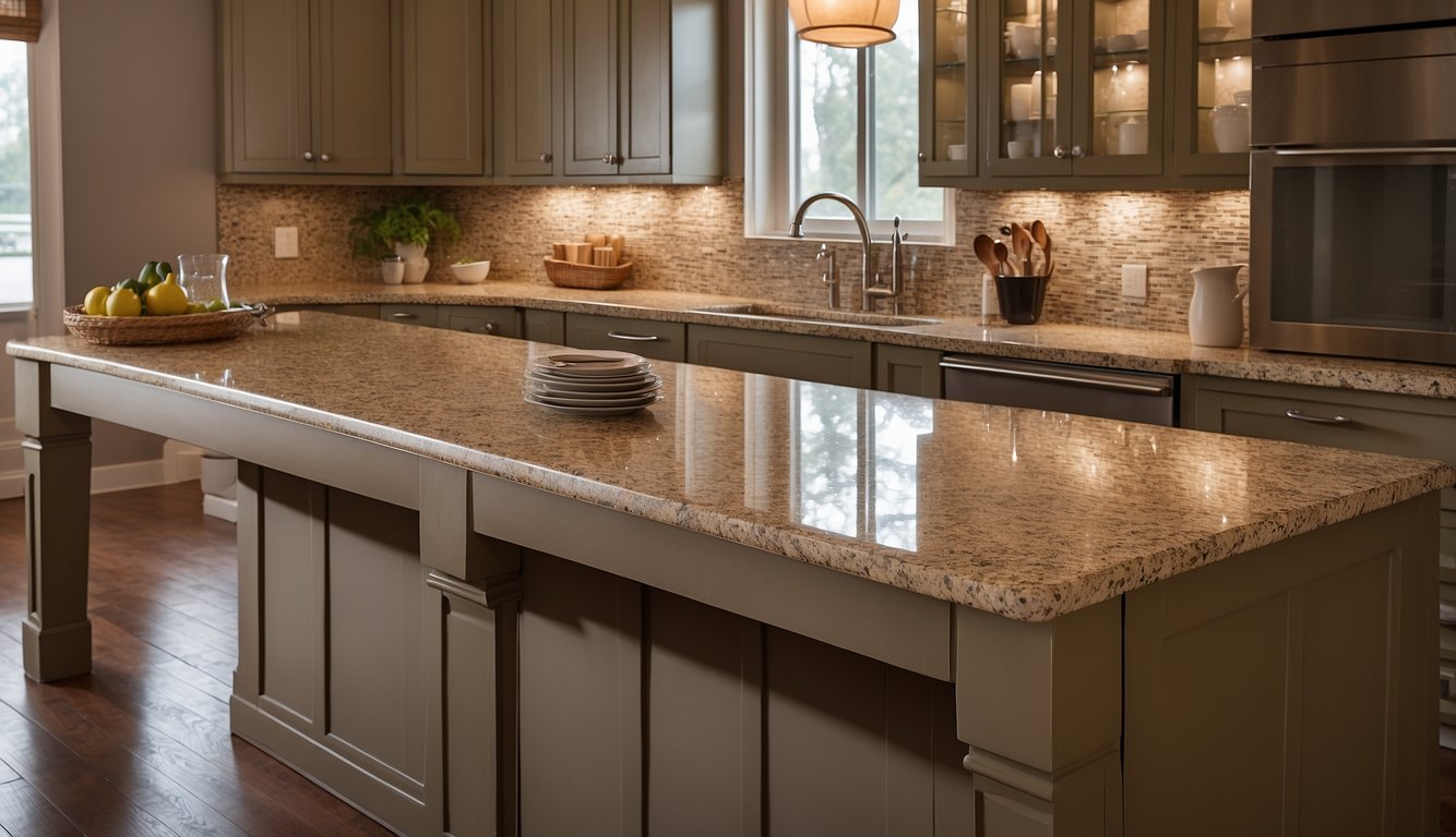 A kitchen with Venetian Gold Granite countertops, adorned with warm earthy tones like beige, taupe, or olive green. A paint swatch in hand