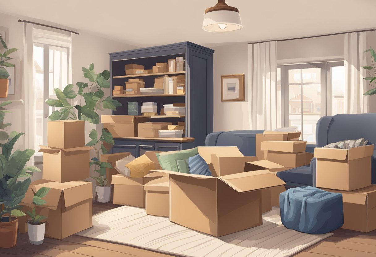 A family's belongings neatly packed in labeled boxes. Furniture being loaded onto a moving truck. A cozy apartment waiting to be filled with cherished possessions