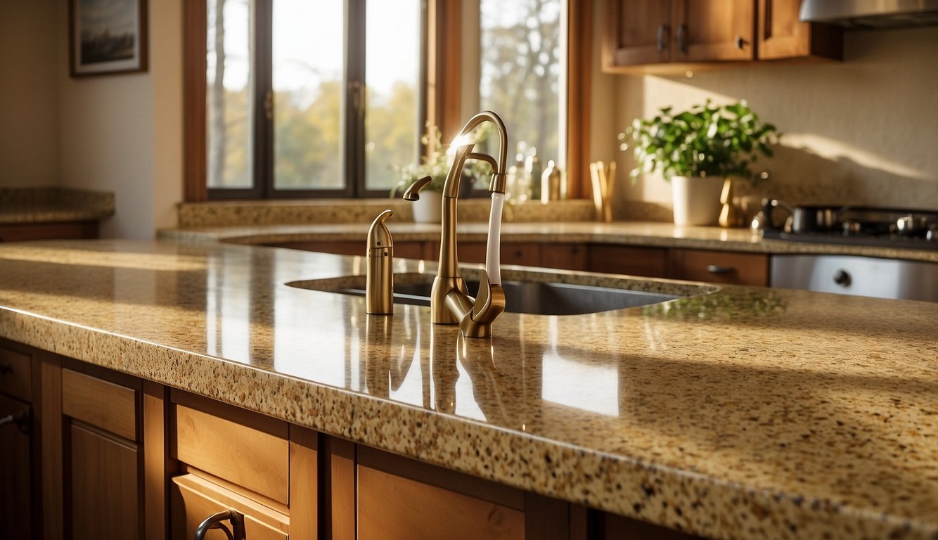 A kitchen with Venetian Gold Granite countertops, paired with warm beige and cream paint colors. Sunlight streams in through a window, casting a golden glow