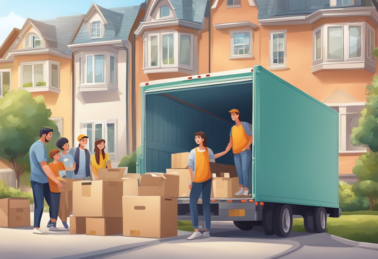 A smiling family packs boxes and furniture into a moving truck, with a cozy apartment waiting in the background