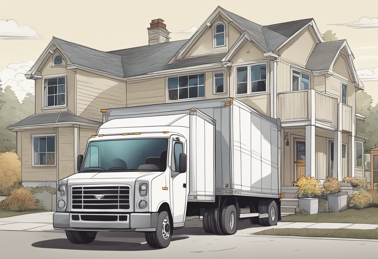 A moving truck parked in front of a house, boxes stacked neatly on a dolly, a moving checklist taped to the door, and a map with the route highlighted