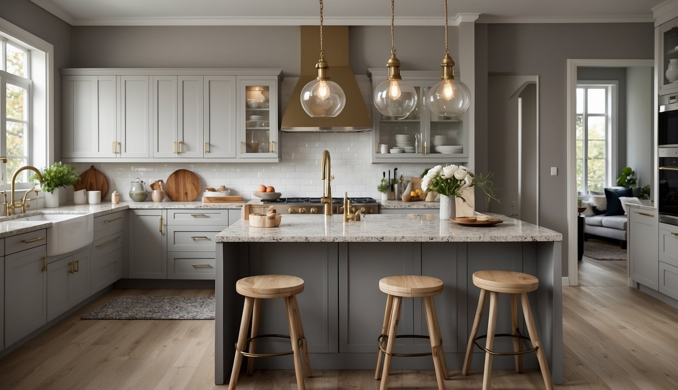 A modern kitchen with Venetian Gold granite countertops, white cabinetry, and light grey walls. Accessories in warm tones complement the granite