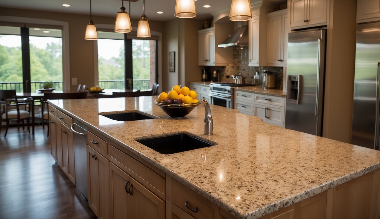 A kitchen with Venetian Gold granite countertops, coordinating with neutral backsplashes and walls in warm beige or light gray