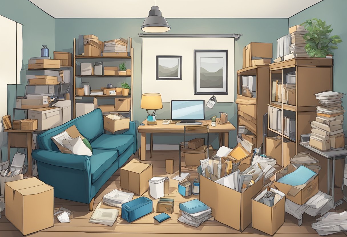 A cluttered room with boxes, furniture, and miscellaneous items. A clear path is being created as items are organized and packed for a one-day move