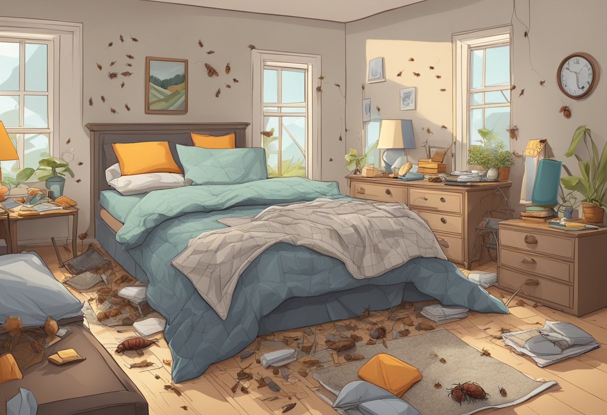 A cluttered bedroom with a mattress infested with bed bugs. Cracks in the walls and furniture provide hiding spots for the pests