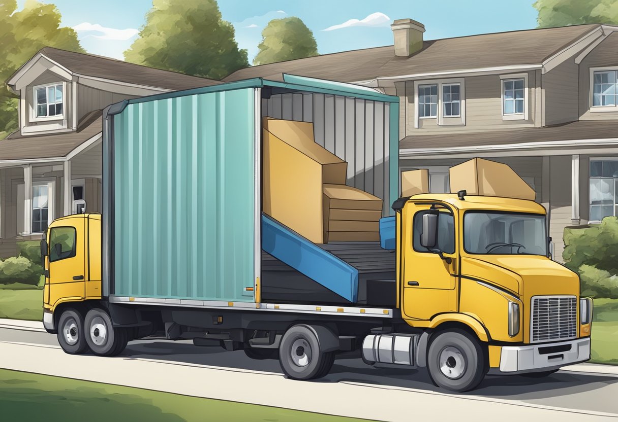 A moving truck parked in front of a house, boxes and furniture being loaded onto the truck by movers