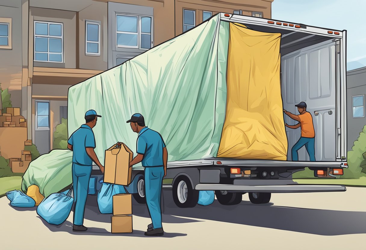 Belongings being sealed in plastic bags, loaded into a moving truck, and inspected for signs of bed bugs before being transported to a new location