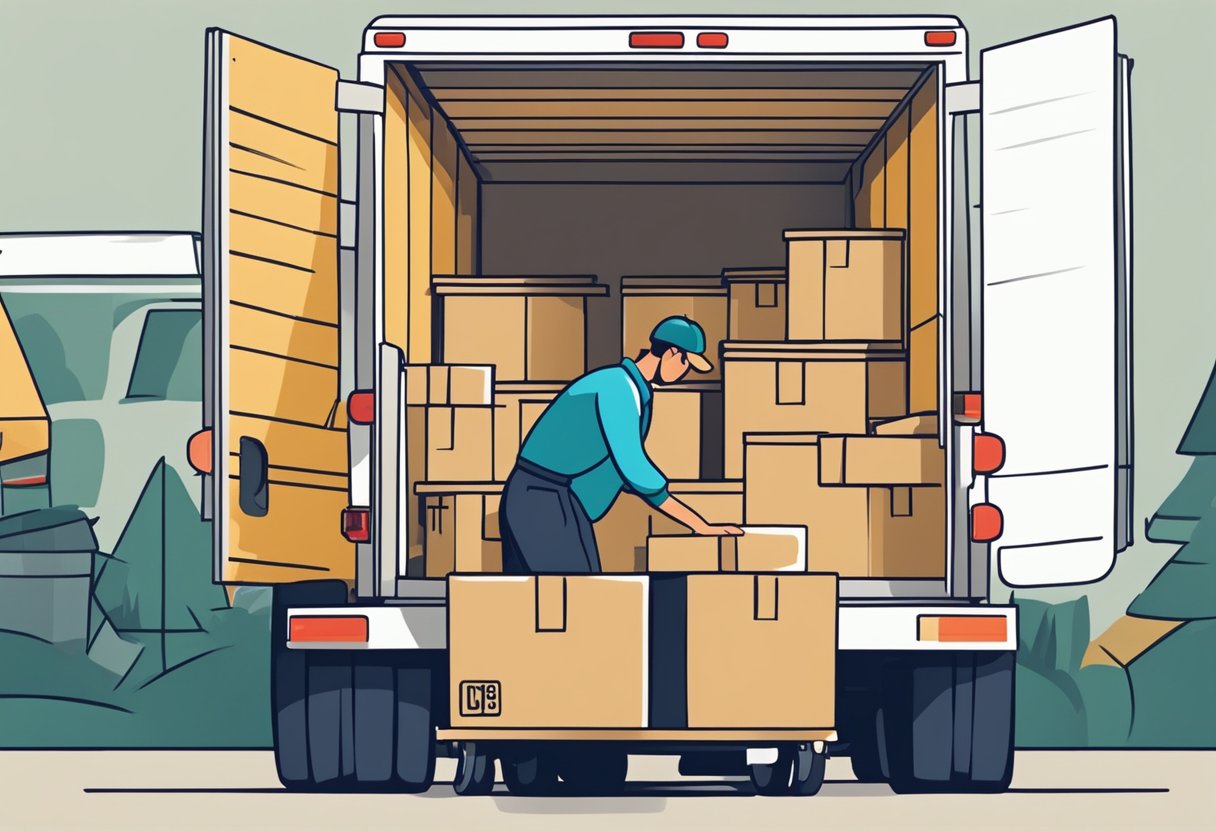 A person packing boxes into a moving truck with a sense of urgency. Essential items are being carefully organized and loaded efficiently