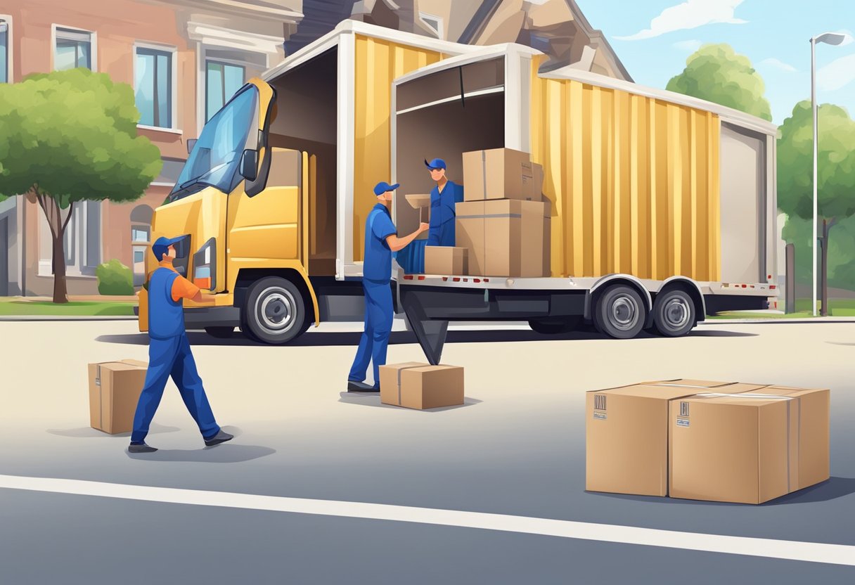 Boxes packed, furniture wrapped, and movers loading truck urgently. Phone in hand, scheduling utilities and forwarding mail. Efficiently managing last-minute relocation