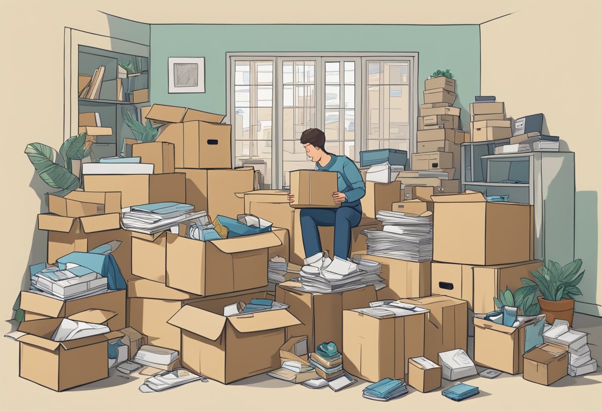 A cluttered room with boxes and furniture piled haphazardly. A person swiftly packs essentials into a labeled box, ready for last-minute relocation