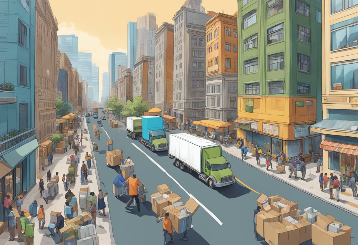 A bustling city street with moving trucks and boxes, people carrying furniture, and high-rise buildings in the background