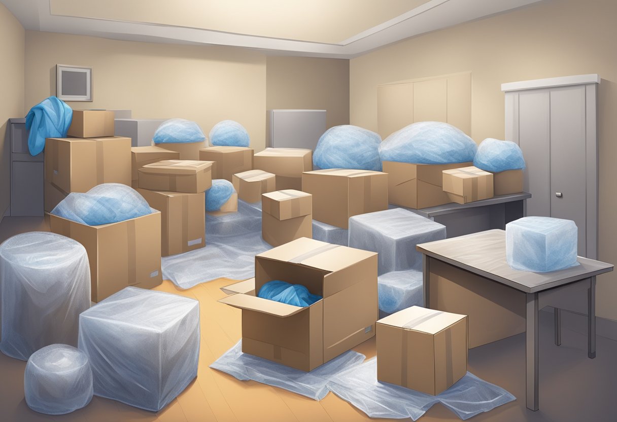 Boxes being taped shut, bubble wrap being wrapped around fragile items, and furniture being covered with protective blankets in a hurried but organized manner