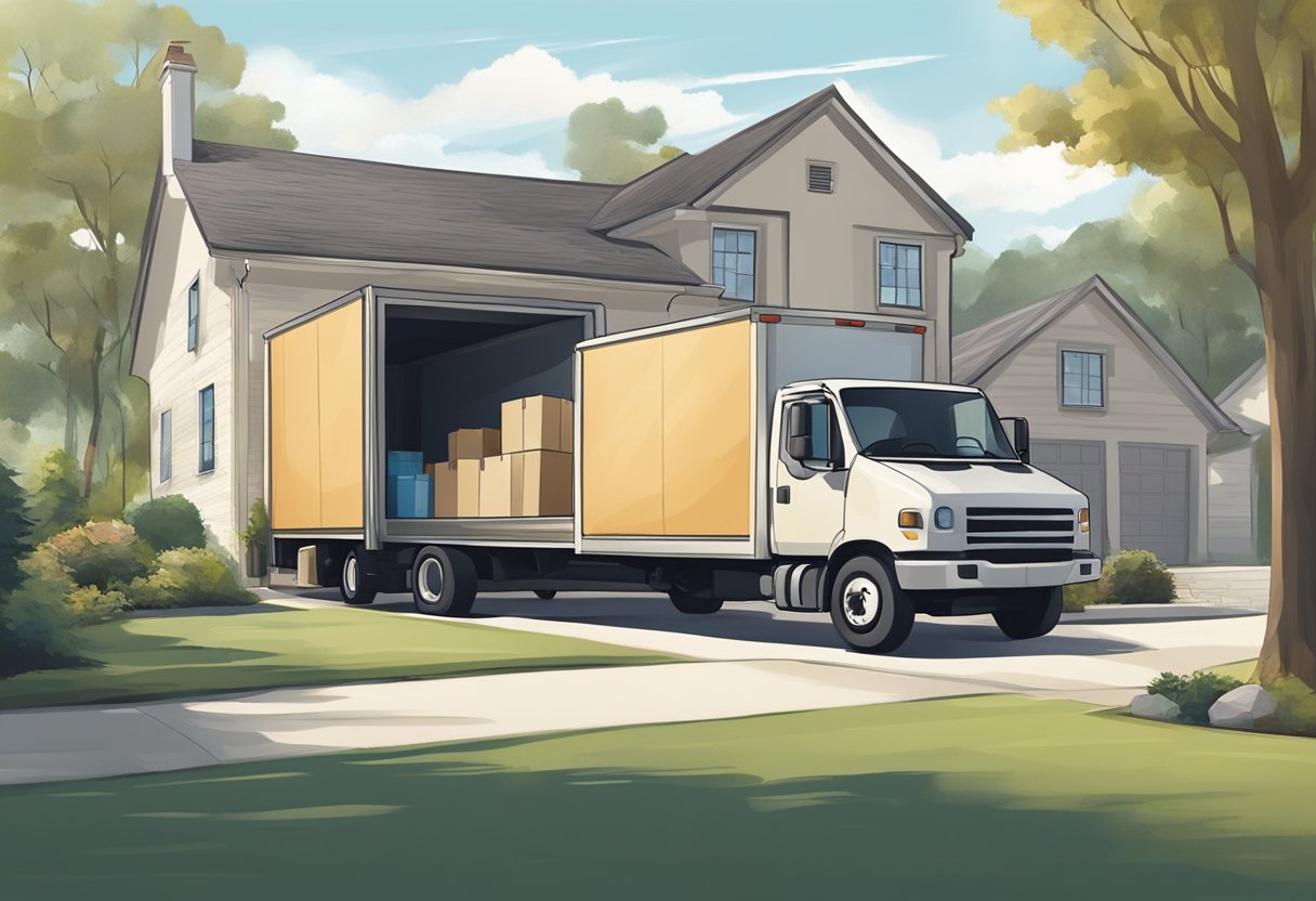 A moving truck parked outside a house, with boxes being loaded onto it quickly. A sense of urgency and efficiency in the air