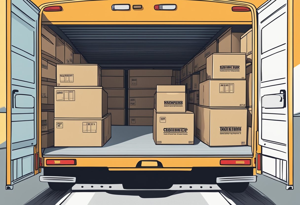 Boxes stacked neatly in a moving truck, labeled and organized. A dolly and packing supplies nearby. A sense of urgency and efficiency in the air