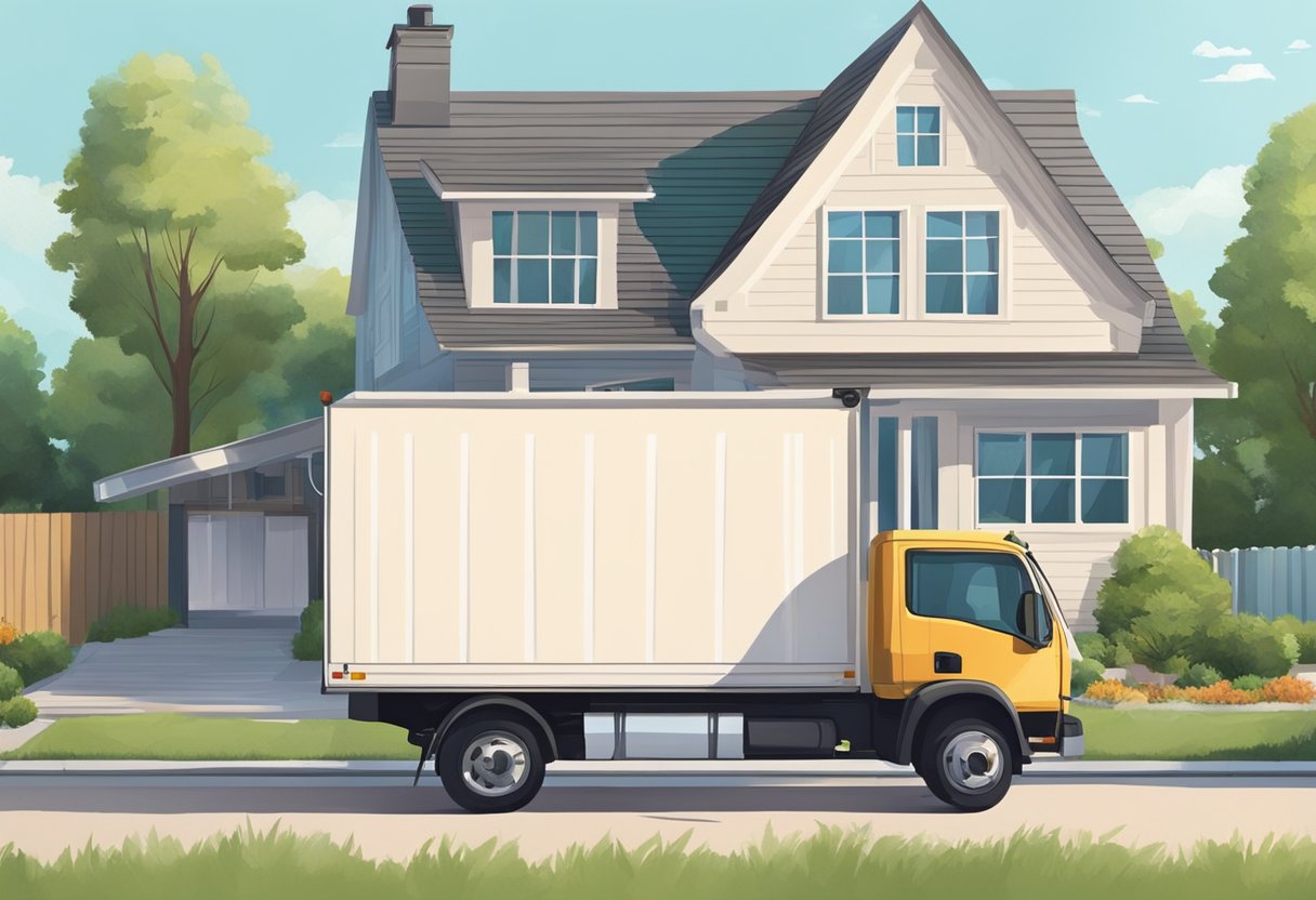 A moving truck parked outside a cozy home, boxes being loaded with efficiency. A calm atmosphere with greenery and a clear blue sky