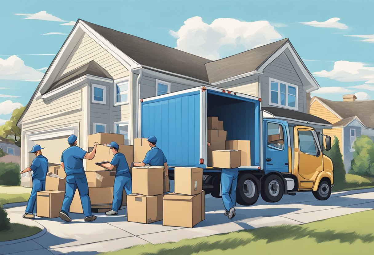 A moving truck parked outside a house, boxes being loaded onto it. A person holding a clipboard and directing the movers. Clear blue skies and a sense of organized chaos