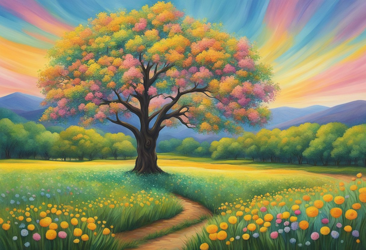 A lone tree stands tall in a vast, open field, its branches reaching out towards the sky. The landscape is dotted with vibrant, colorful flowers, symbolizing the beauty and potential of embracing the unknown