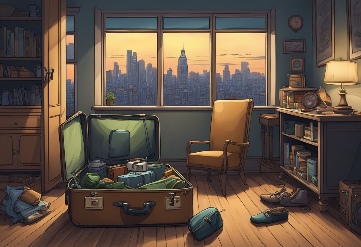 A lone suitcase sits in a dimly lit room, surrounded by unfamiliar objects and furniture. The window reveals a new cityscape, hinting at the unknown adventures awaiting outside