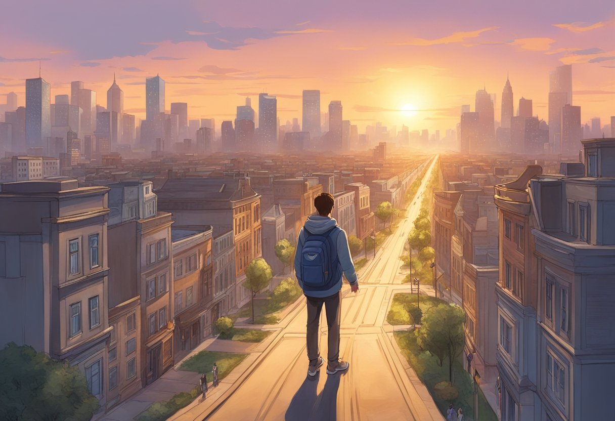 A person standing at a crossroads, looking towards a new, unfamiliar city with a sense of excitement and determination. The sun is rising, casting a warm glow over the buildings and streets