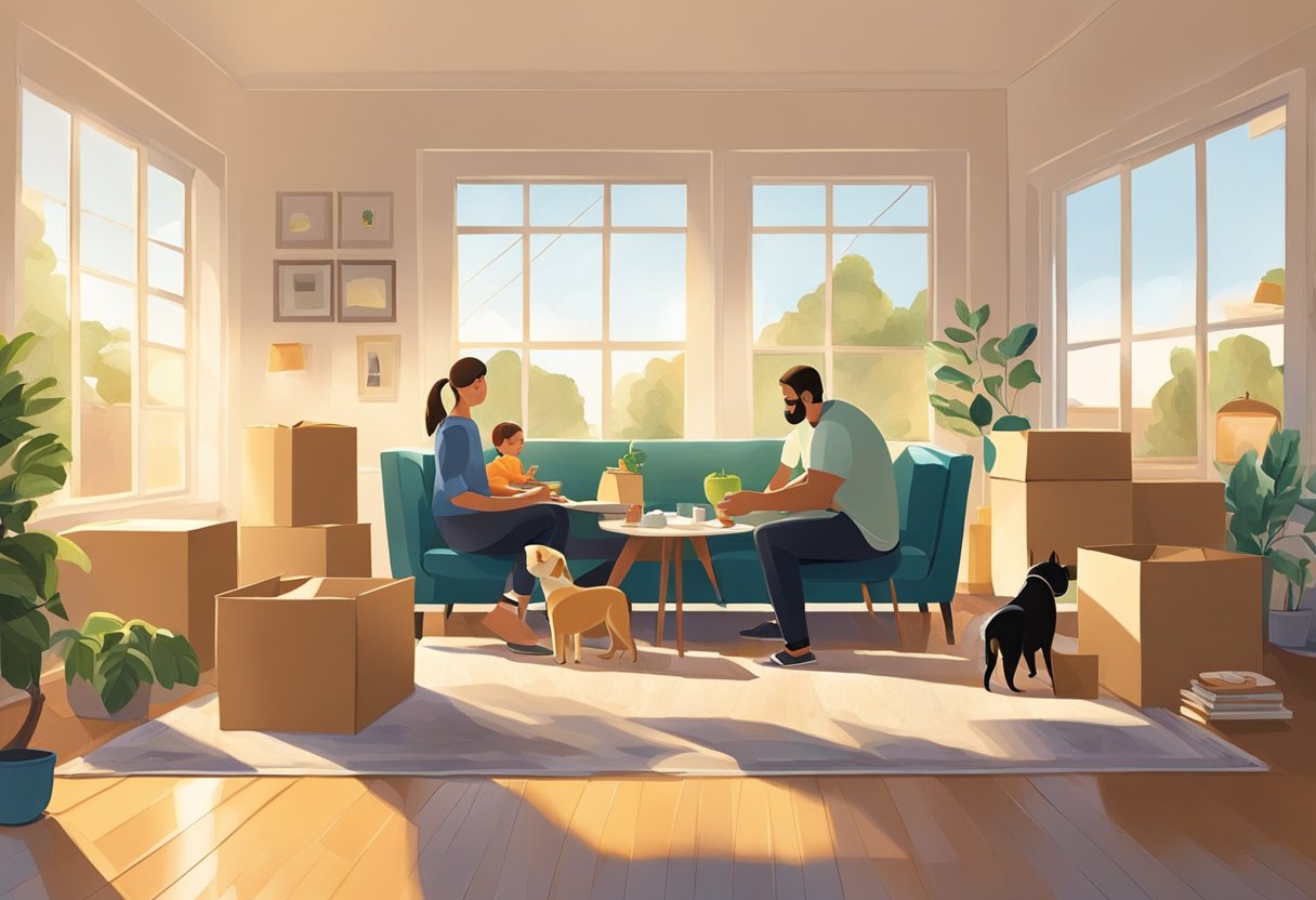 A family unpacks boxes in a bright, airy living room. Sunlight streams in through large windows, casting warm shadows on the walls. A table is set for dinner, and a pet explores its new surroundings