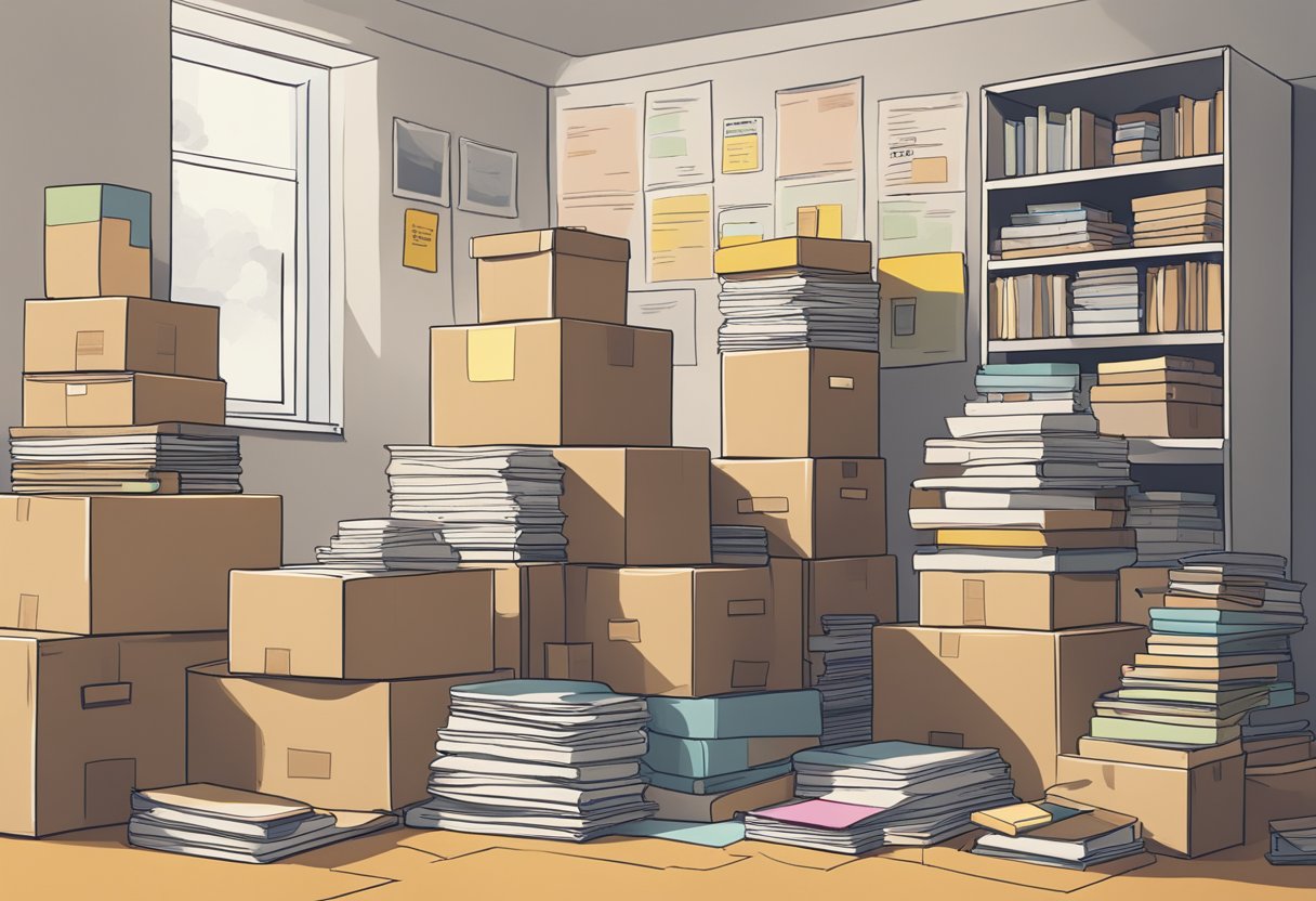 A stack of cardboard boxes labeled "kitchen," "books," and "clothes" sit in the corner of an empty room. A map of the unfamiliar place hangs on the wall, surrounded by post-it notes and travel brochures