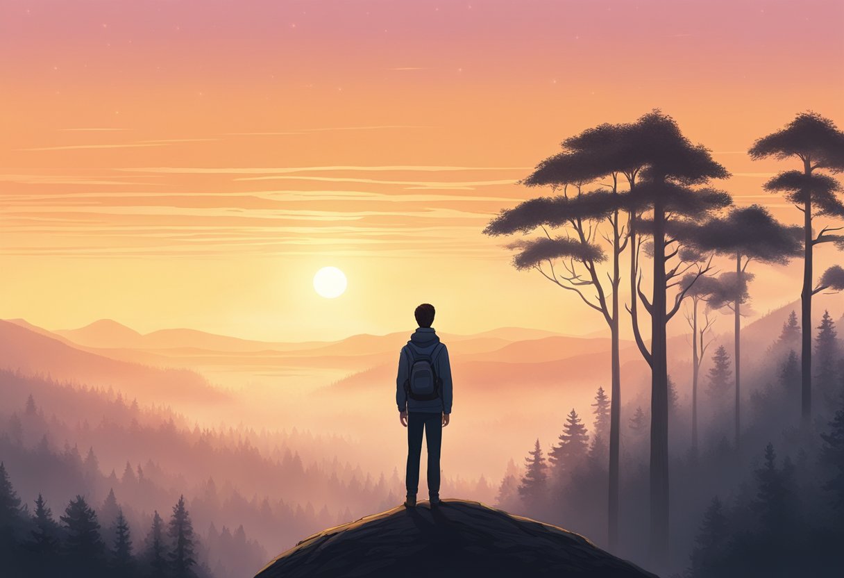 A figure stands at the edge of a misty forest, gazing out at a new, unfamiliar landscape. The sun rises in the distance, casting a warm glow over the scene, symbolizing the beginning of a personal journey and transformation