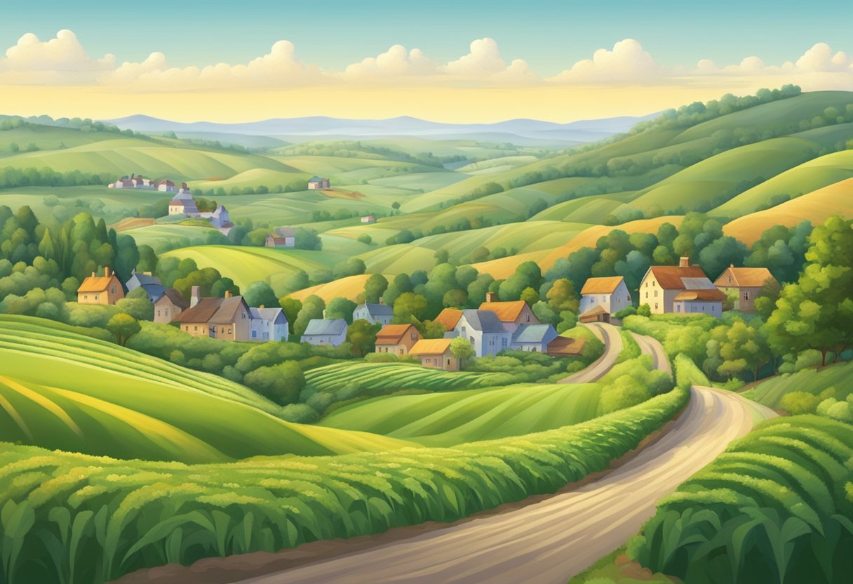 A bustling city skyline fades into rolling hills and farmland. A winding country road leads to a quaint village nestled among fields and forests