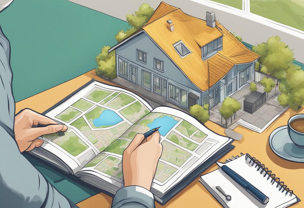 A person browsing through a variety of property listings, from city apartments to rural cottages, with a map and notebook in hand