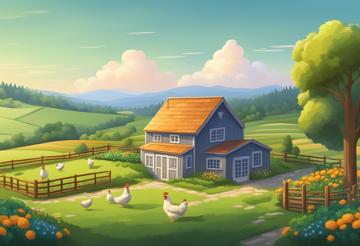 A cozy rural home surrounded by green fields and rolling hills, with a small vegetable garden and a chicken coop in the backyard. A budget planner and calculator sit on the kitchen table