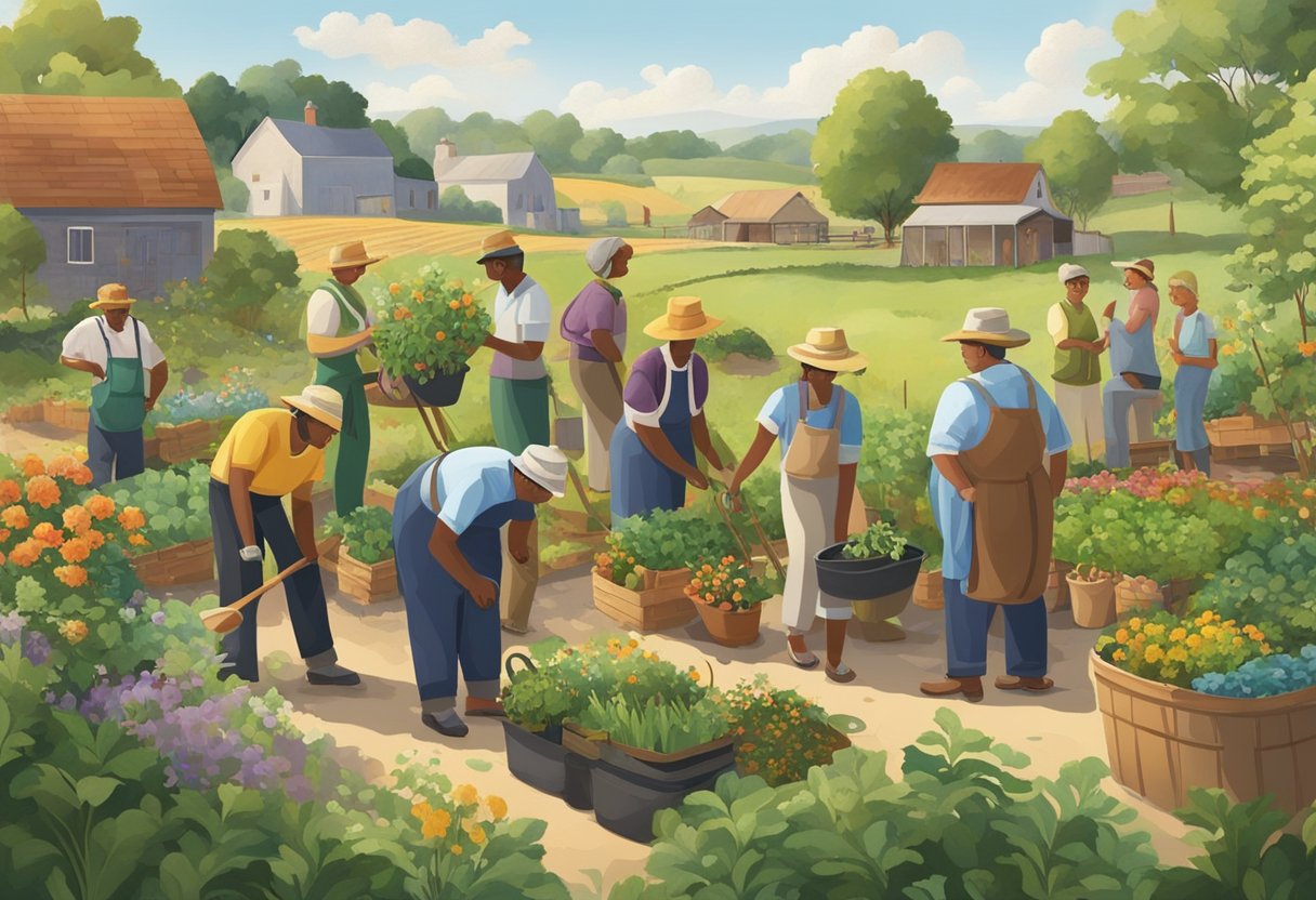 A diverse group of people gather in a rural setting, engaging in activities like gardening, farming, and socializing. The scene depicts a sense of community and connection between urban and rural residents