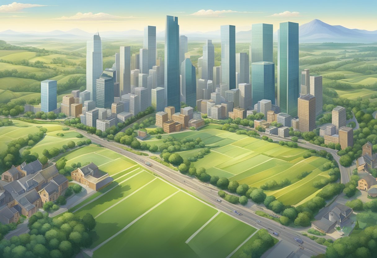 A bustling city skyline transitions into a peaceful countryside landscape, with a clear divide between the two environments. Urban amenities give way to sprawling fields and quaint rural services