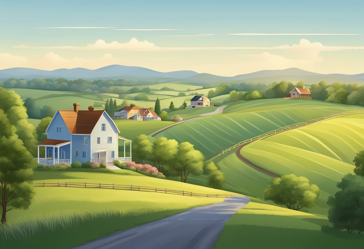 A city skyline transitions into rolling hills and farmland. A winding country road leads to a quaint farmhouse nestled among trees and open fields