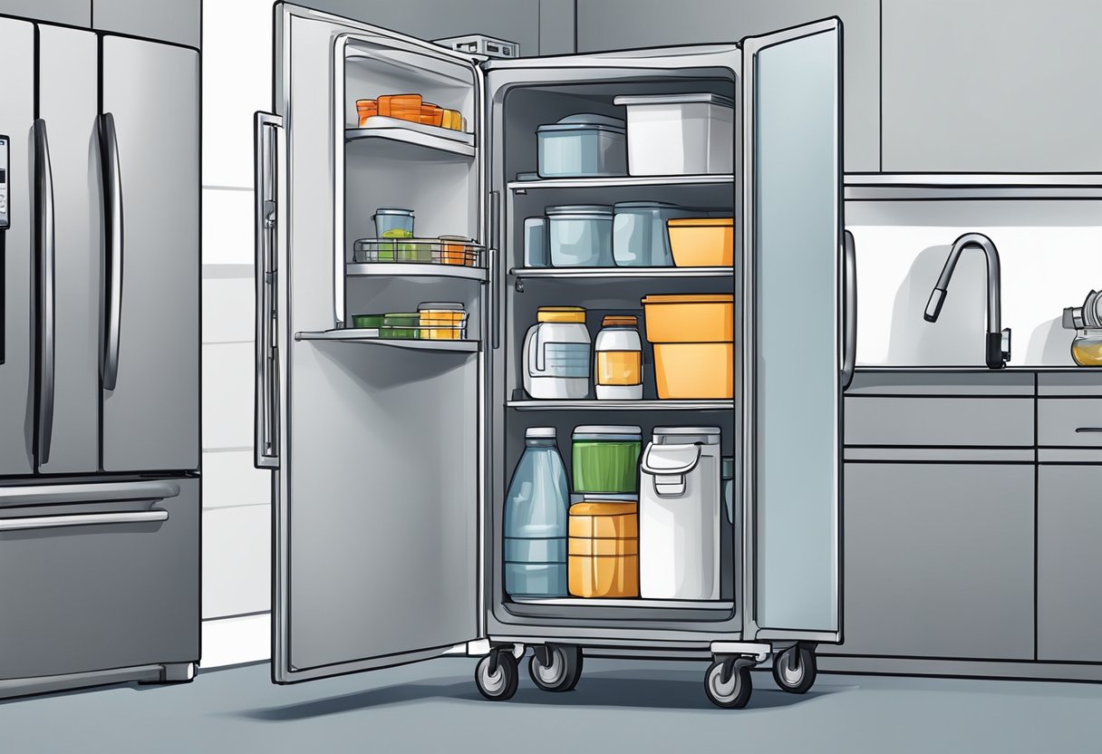 A hand truck is positioned next to a refrigerator. Straps are secured around the fridge, and a dolly is ready for transport