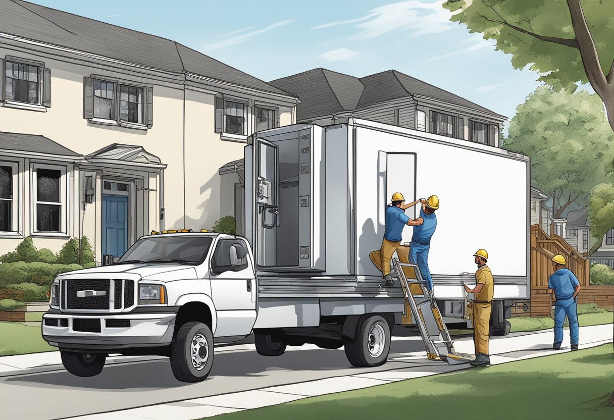 A refrigerator is being lifted onto a moving truck using a ramp and secured with straps. The truck is parked in front of a house with a moving crew assisting in the process