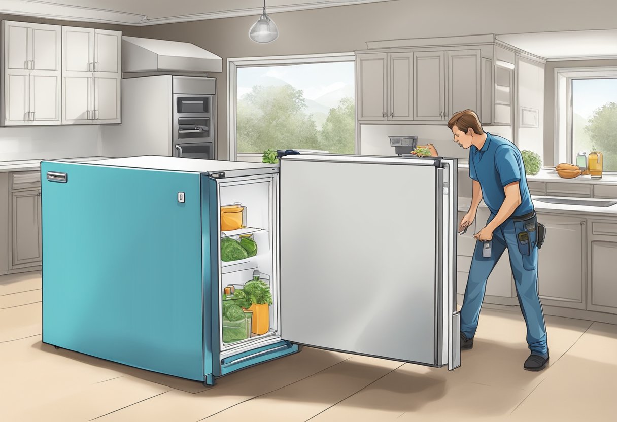 A refrigerator being carefully lifted and transported by two movers into a new kitchen, with a step-by-step guide visible in the background