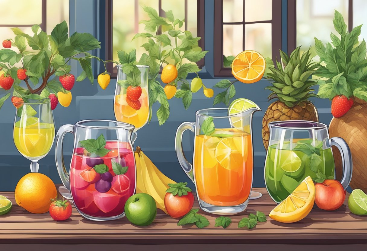 A table set with colorful pitchers and glasses, surrounded by friends chatting and laughing. Fruits and herbs adorn the cocktails, adding a refreshing touch