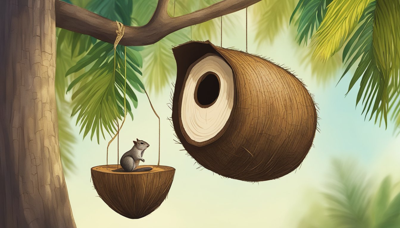 An old coconut turned into a birdhouse, hanging from a tree. A squirrel nibbles on another coconut turned into a feeder