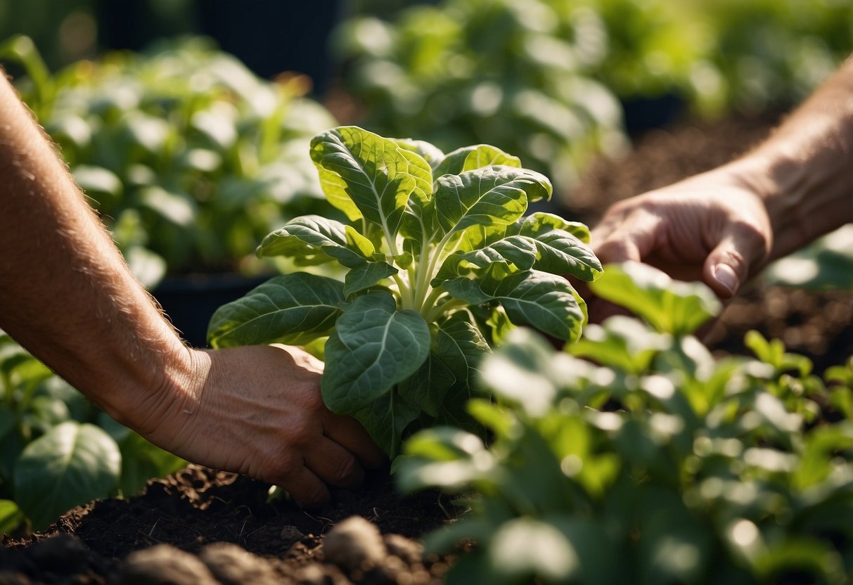 Lush organic plants being tended in a garden with care and attention to detail for a sustainable and healthy vegetable cultivation