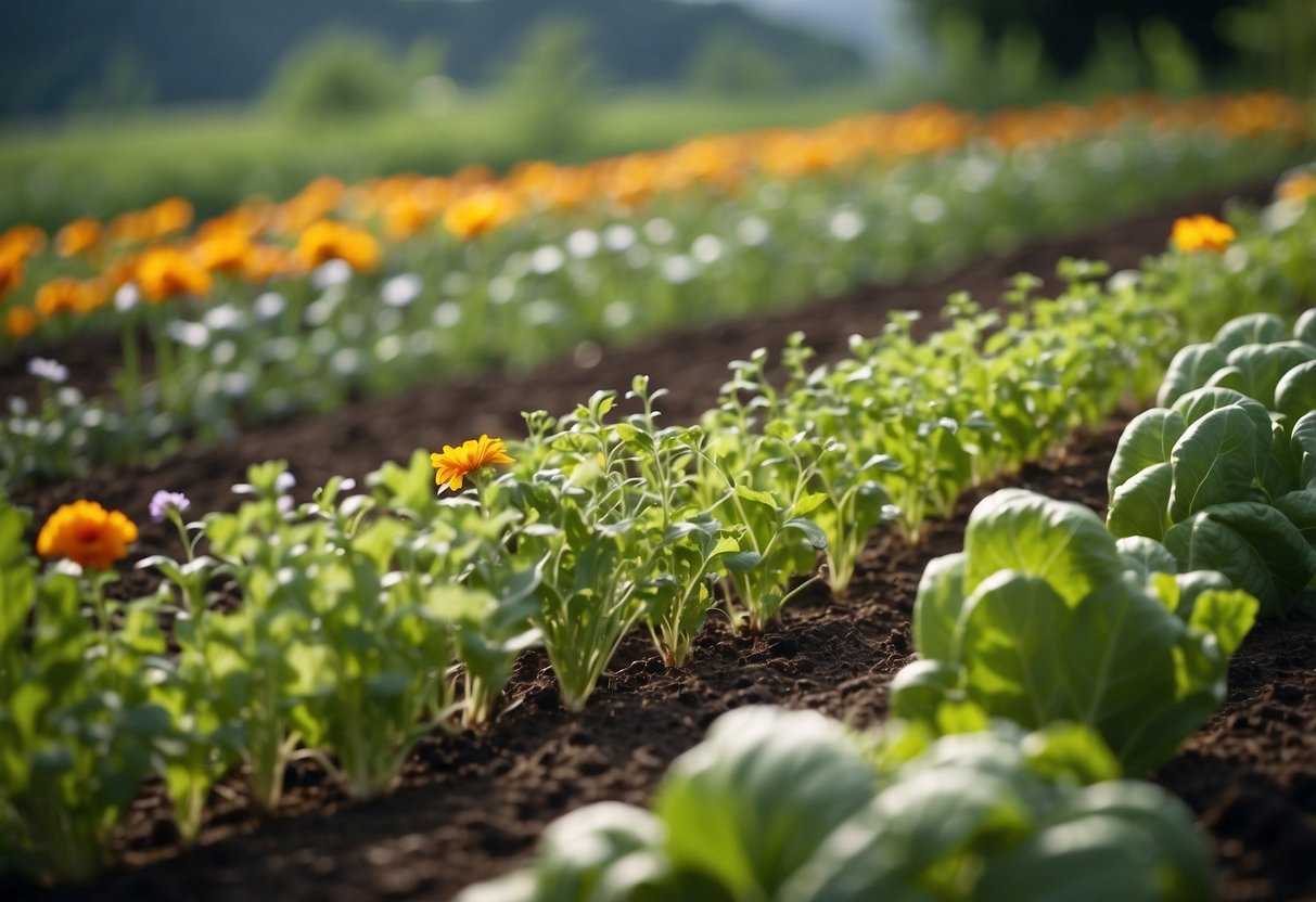 A diverse biogarden with various vegetables growing in organized rows, surrounded by lush greenery and blooming flowers