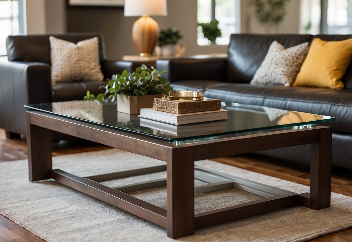 A variety of coffee tables arranged in a spacious living room with different designs, shapes, and materials, including wood, glass, and metal