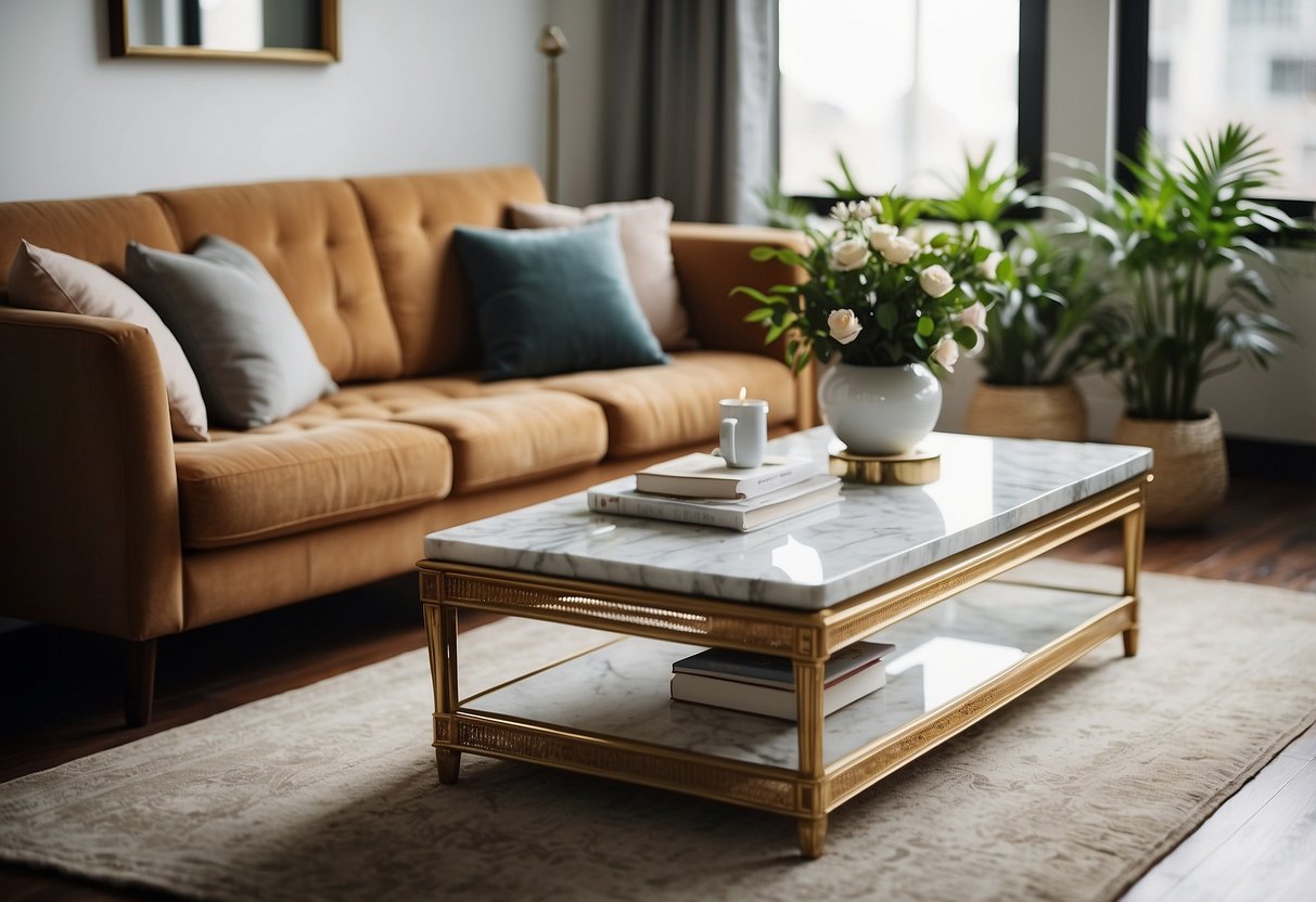 A marble-top coffee table sits in a well-lit living room, surrounded by elegant decor and a plush rug