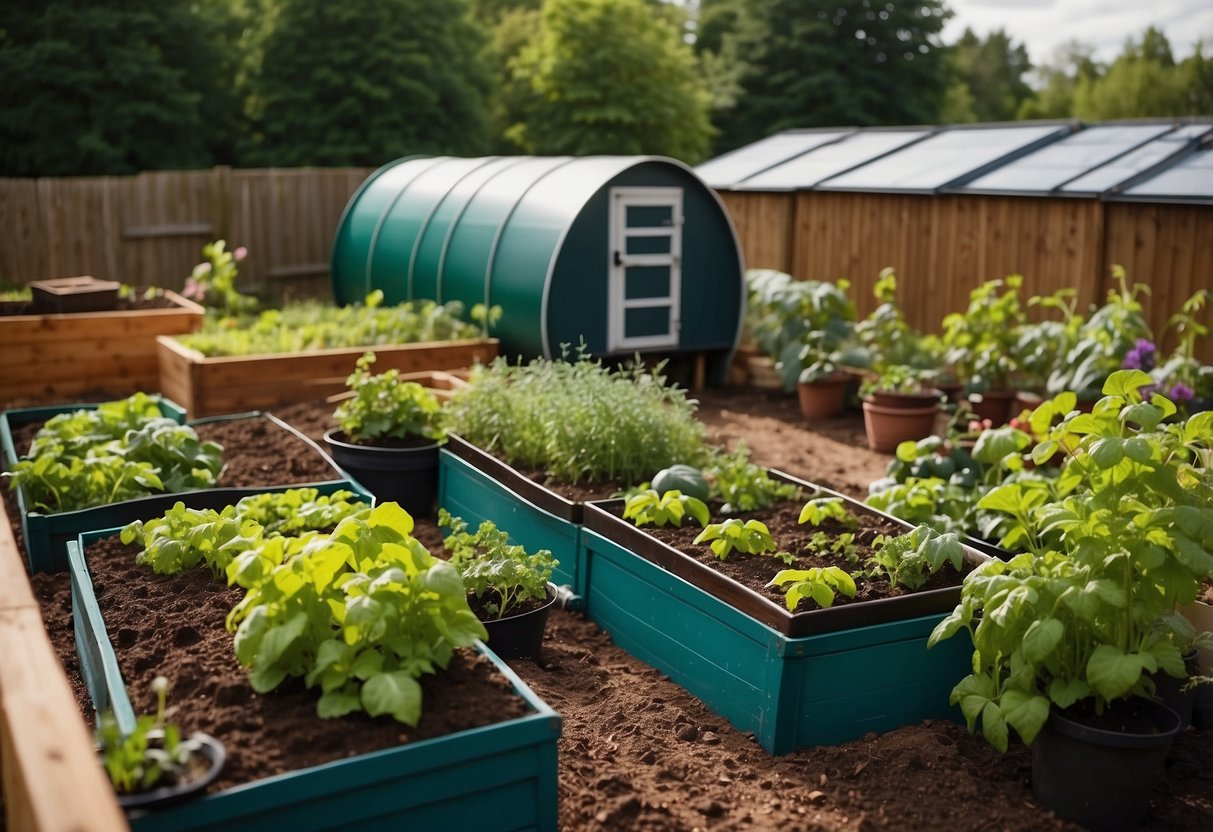 A garden with raised beds, compost bins, and a rain barrel. A variety of vegetables and herbs are planted, with mulch covering the soil. In the background, a small greenhouse and a bee hotel can be seen