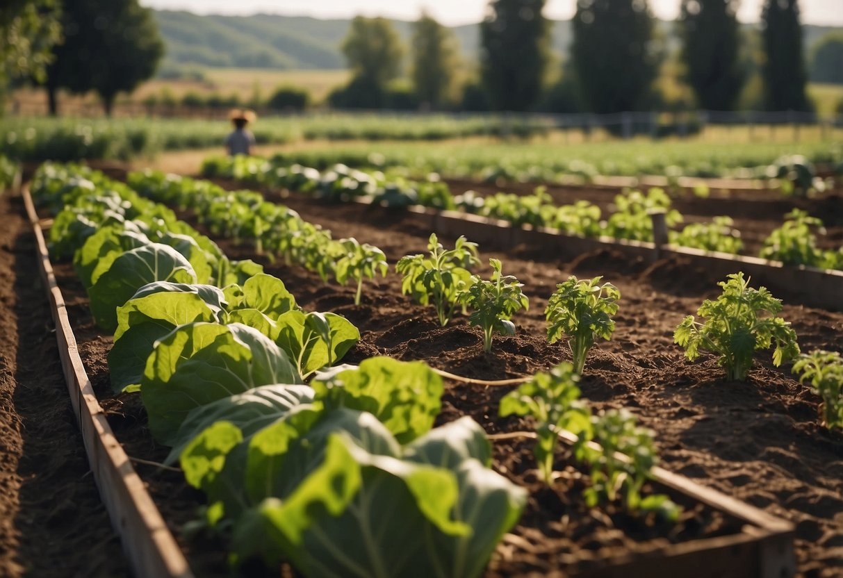 A biodynamic vegetable garden with various crops being harvested and stored in a well-organized manner. The scene depicts sustainable farming practices and careful planning for the preservation of the produce