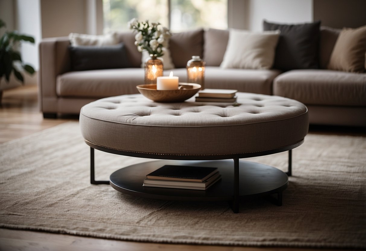 A round ottoman coffee table sits in a cozy living room, surrounded by comfortable seating. The table is adorned with a stylish centerpiece and a stack of coffee table books