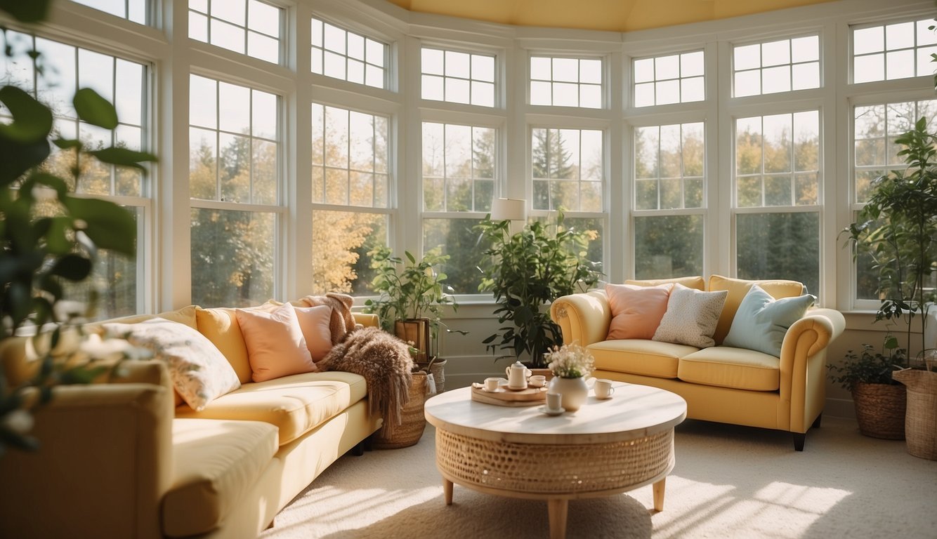 The sunroom is bathed in natural light, with walls painted in shades of golden yellow, soft peach, and sky blue. A hint of greenery peeks through the windows, creating a serene and inviting space